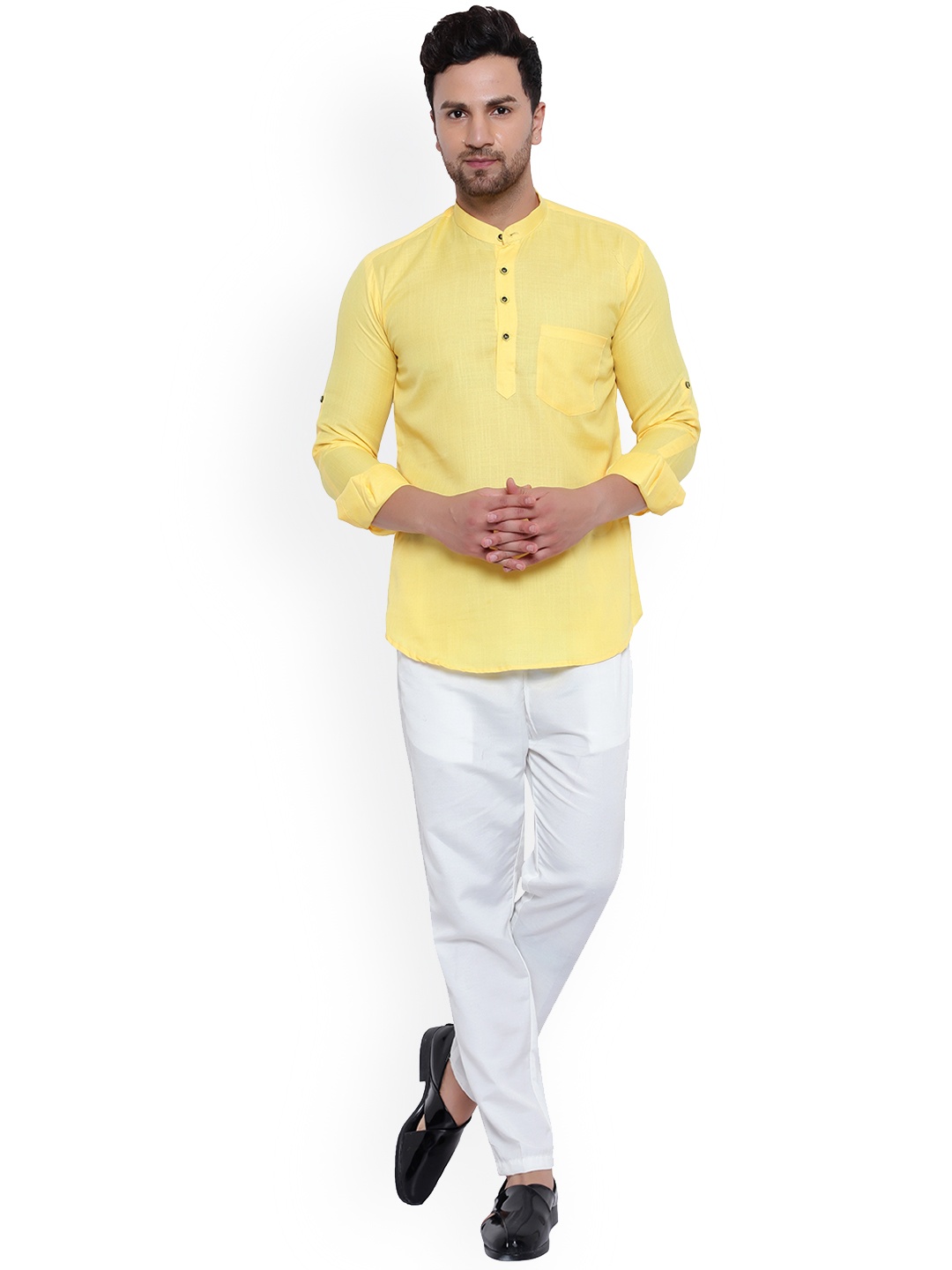 

ONNIX Band Collar Kurta With Trousers, Yellow