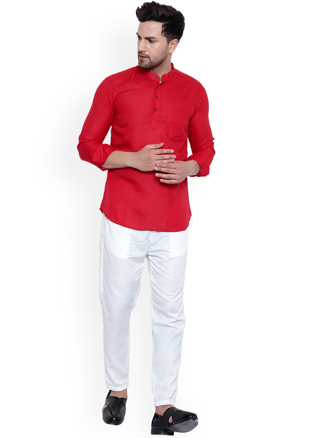 

ONNIX Band Collar Pure Cotton Kurta With Trousers, Red