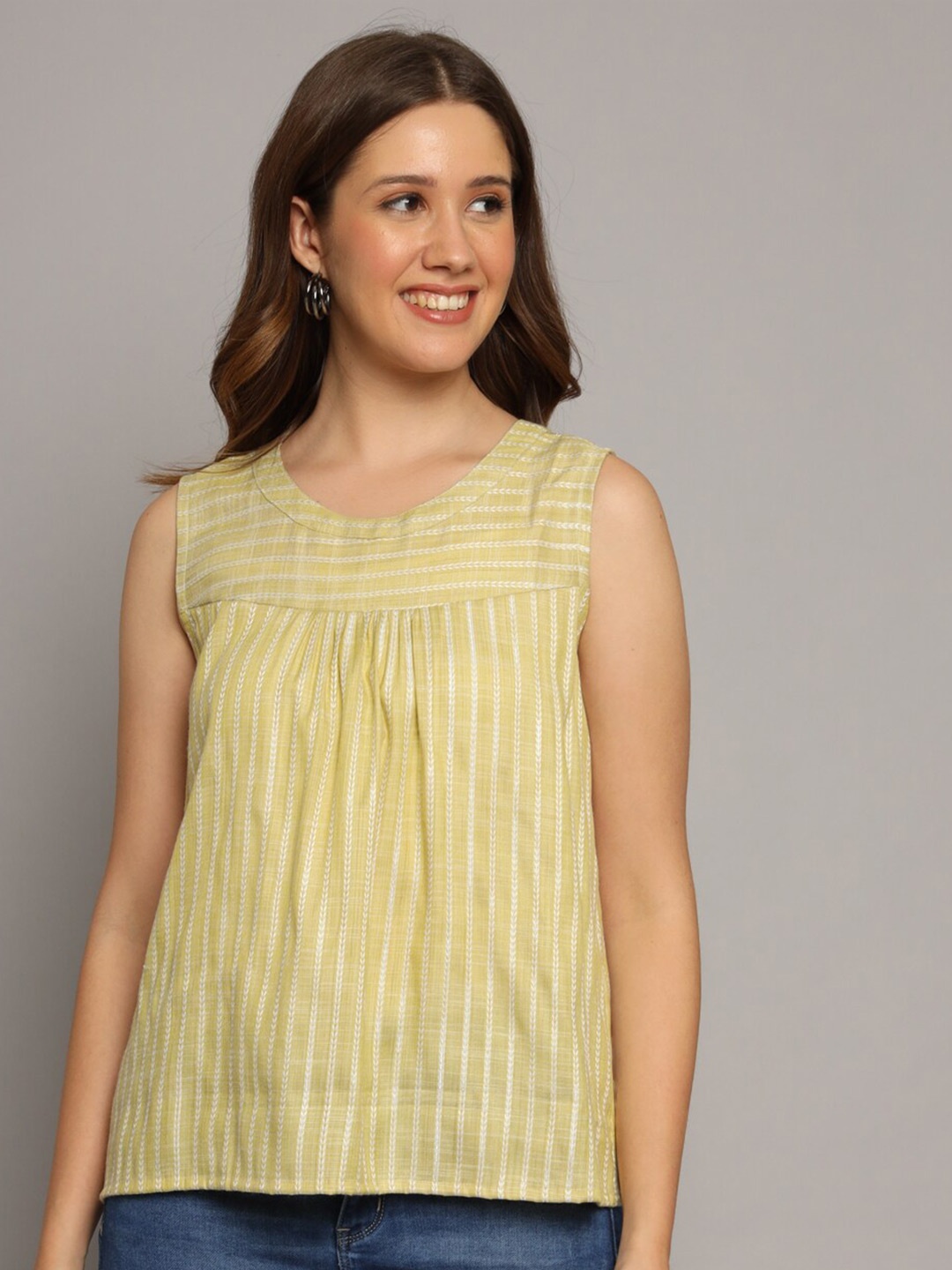 

DECKEDUP Striped Round Neck Pure Cotton Top, Yellow