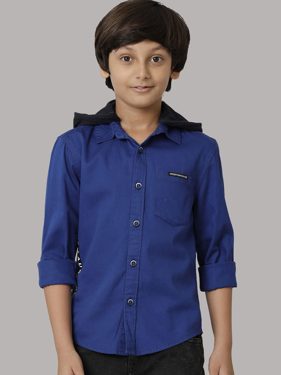 

UNDER FOURTEEN ONLY Boys Hooded Cotton Casual Shirt, Blue