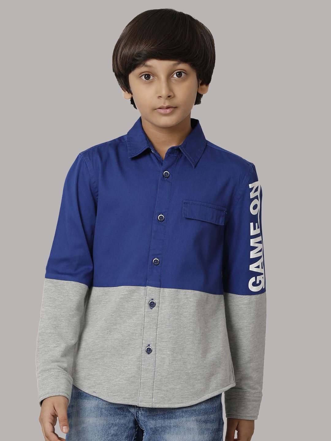 

UNDER FOURTEEN ONLY Boys Colourblocked Cotton Casual Shirt, Blue