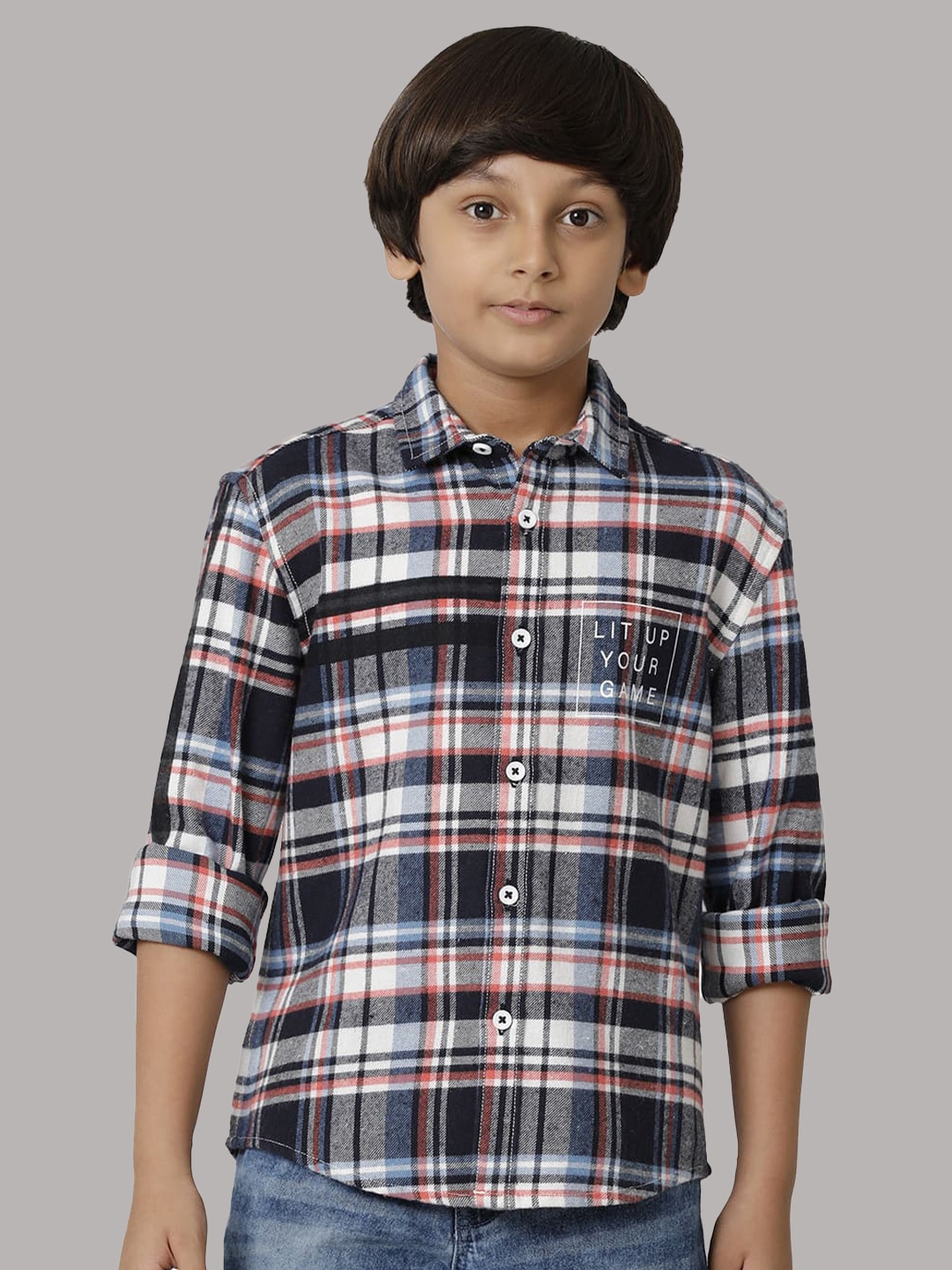 

UNDER FOURTEEN ONLY Boys Tartan Checked Casual Cotton Shirt, Navy blue