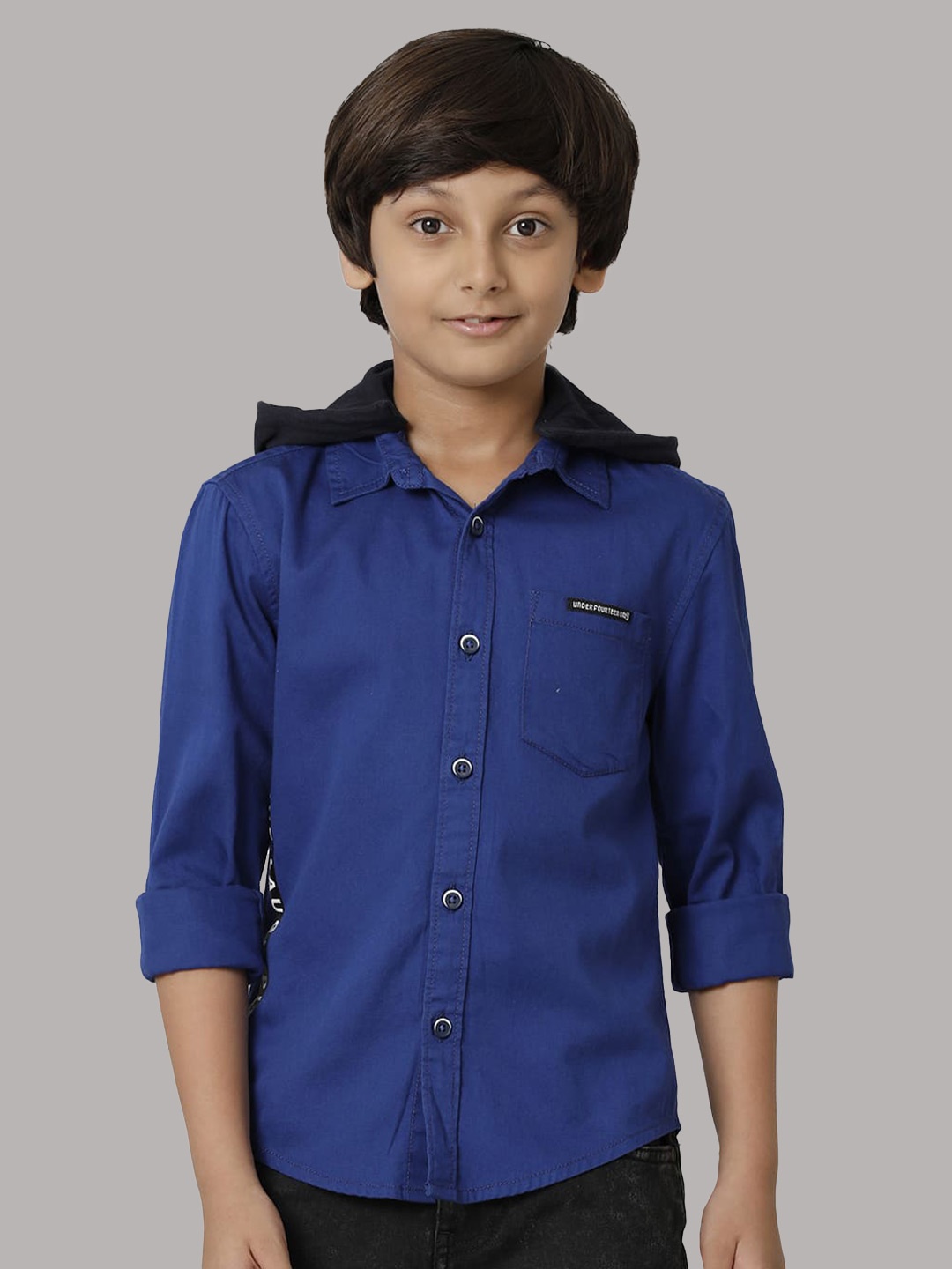 

UNDER FOURTEEN ONLY Boys Hooded Casual Cotton Shirt, Blue