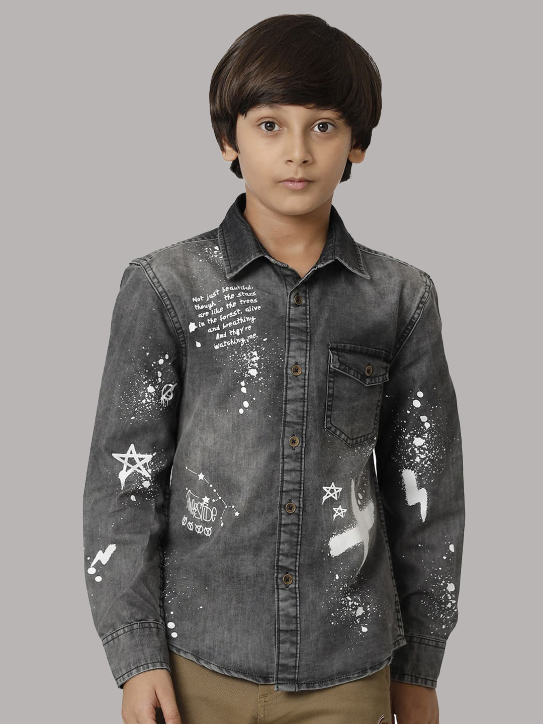 

UNDER FOURTEEN ONLY Boys Typography Printed Casual Denim Shirt, Black
