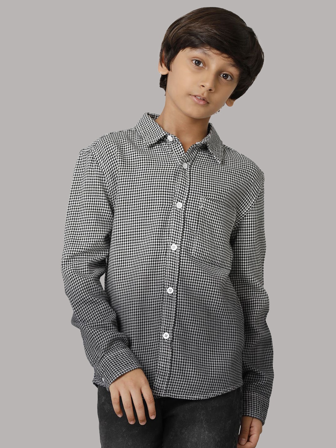 

UNDER FOURTEEN ONLY Boys Micro Checked Casual Cotton Shirt, Black