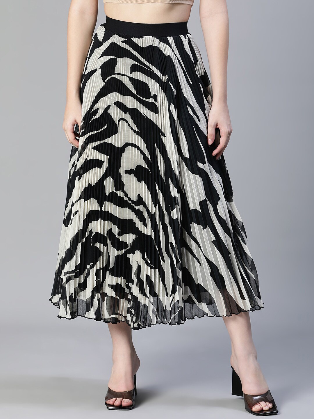 

Oxolloxo Abstract Printed Midi-Length Accordion Pleated A-line Skirts, Black
