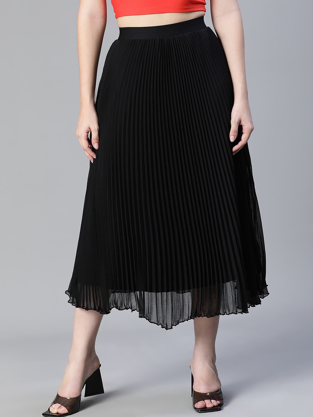Oxolloxo Accordian Pleated Comfortable Fit A-Line Midi Skirts, Black