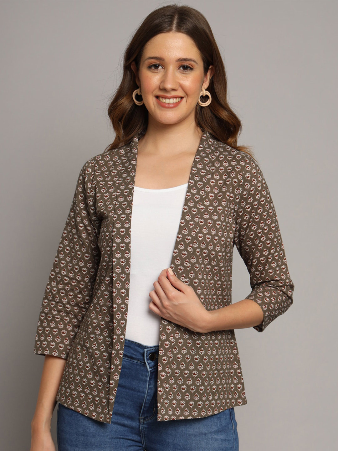 

DECKEDUP Ethnic Printed Open Front Cotton Shrug, Grey