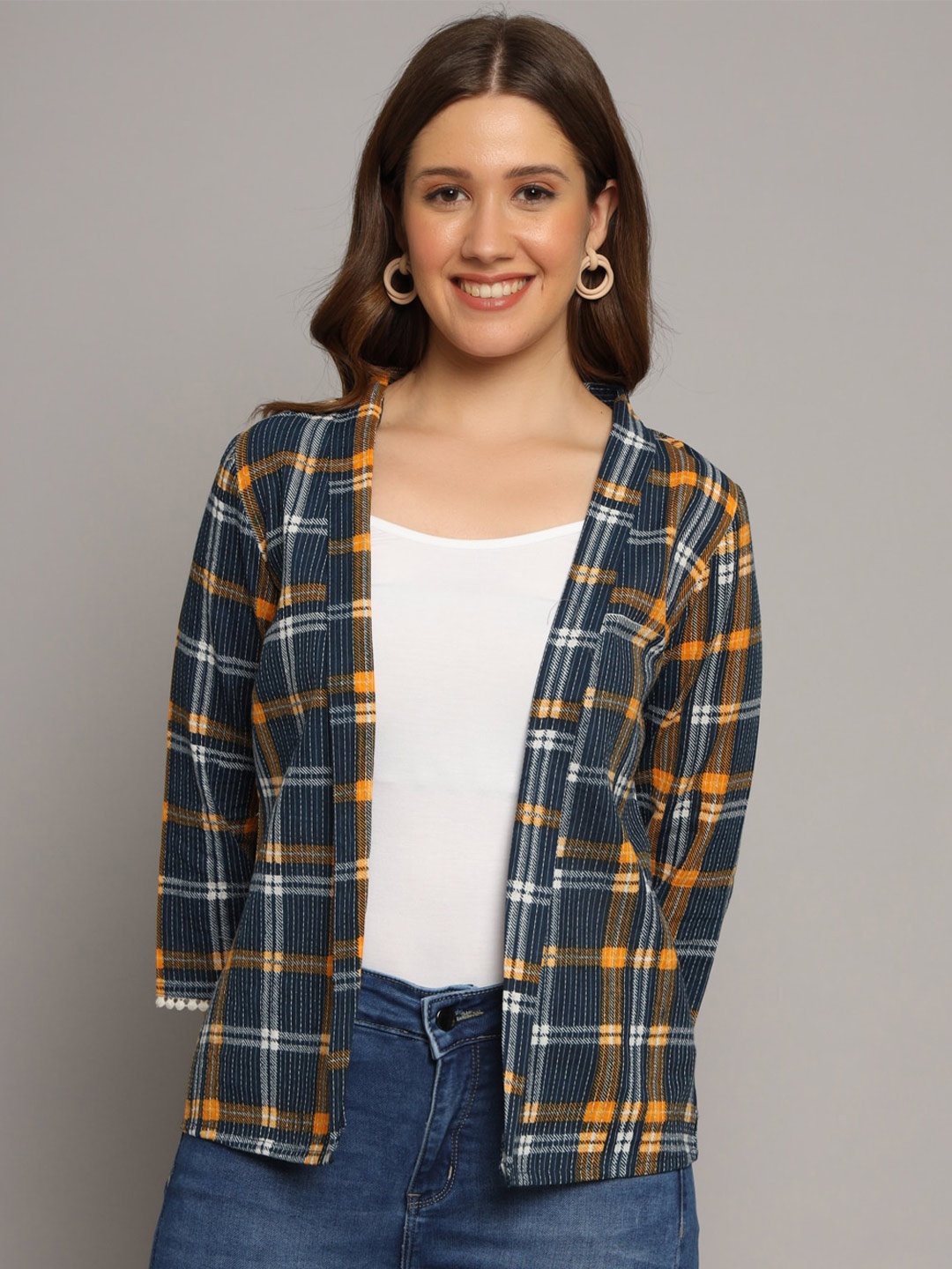 

DECKEDUP Checked Open Front Cotton Shrug, Blue
