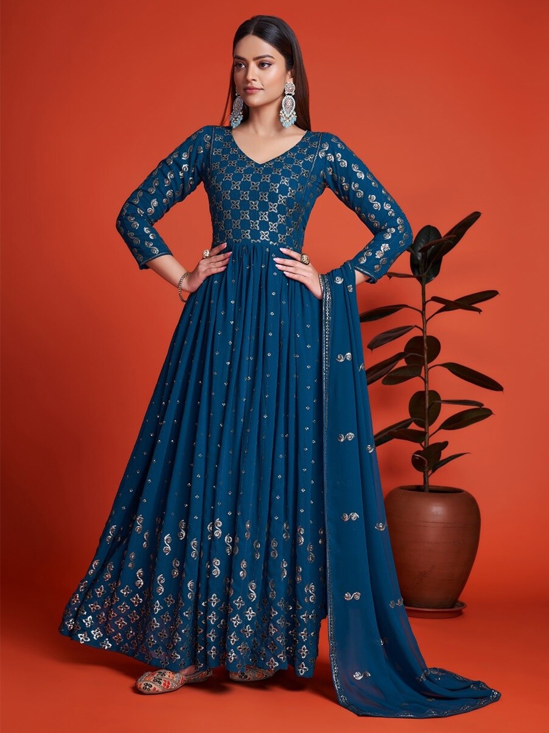 

Fashion Basket Embroidered Semi-Stitched Dress Material, Blue