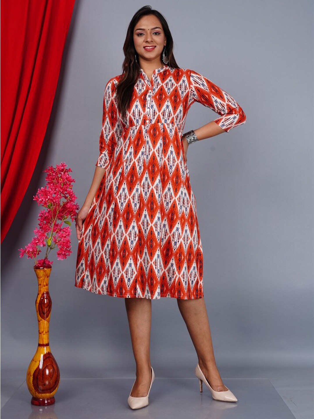 

KALINI Ethnic Motifs Printed Mandarin Collar A Line Dress, Orange