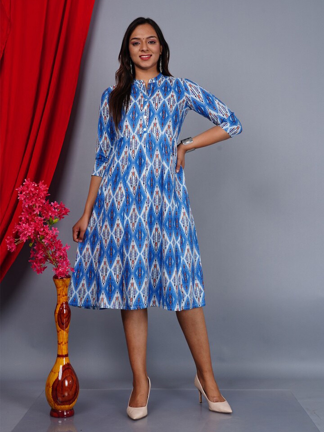 

KALINI Ethnic Motifs Printed Mandarin Collar A Line Dress, Blue