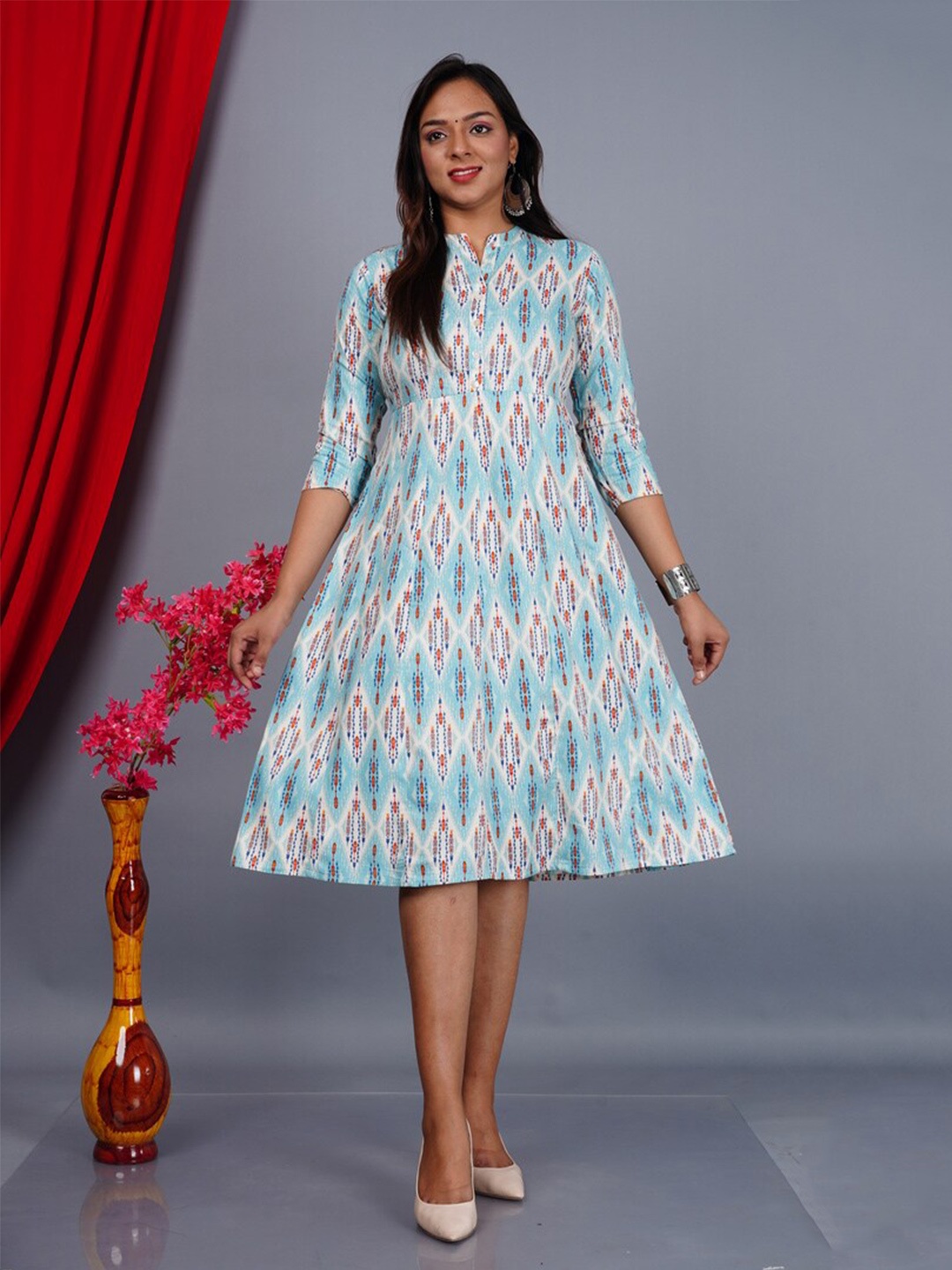 

KALINI Ethnic Motifs Printed Mandarin Collar A Line Dress, Blue