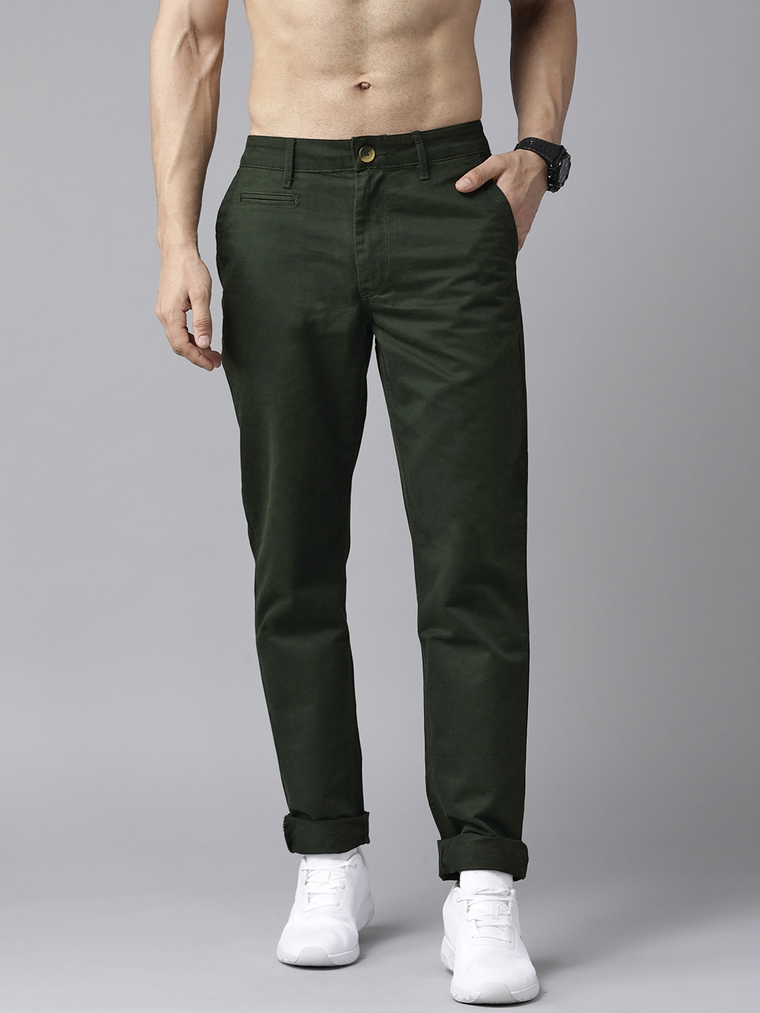 

Roadster Men Green Pure Cotton Slim Fit RegularChinos Trousers