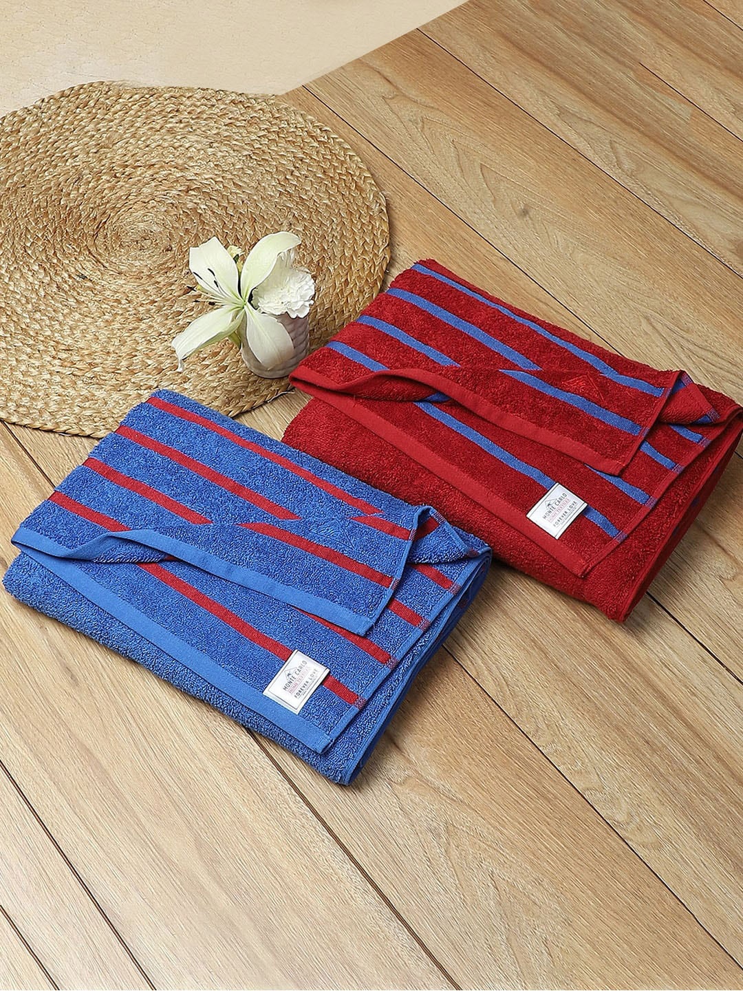 

Monte Carlo Red & Blue 2 Pieces Striped Cotton 525 GSM Towel Set