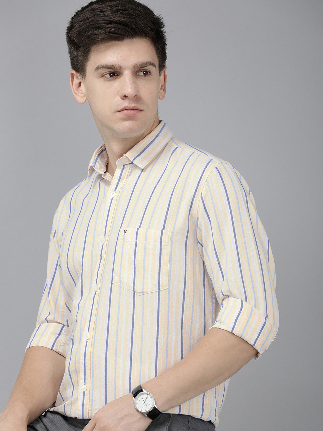 

Van Heusen Sport Slim Fit Striped Pure Cotton Casual Shirt, Yellow