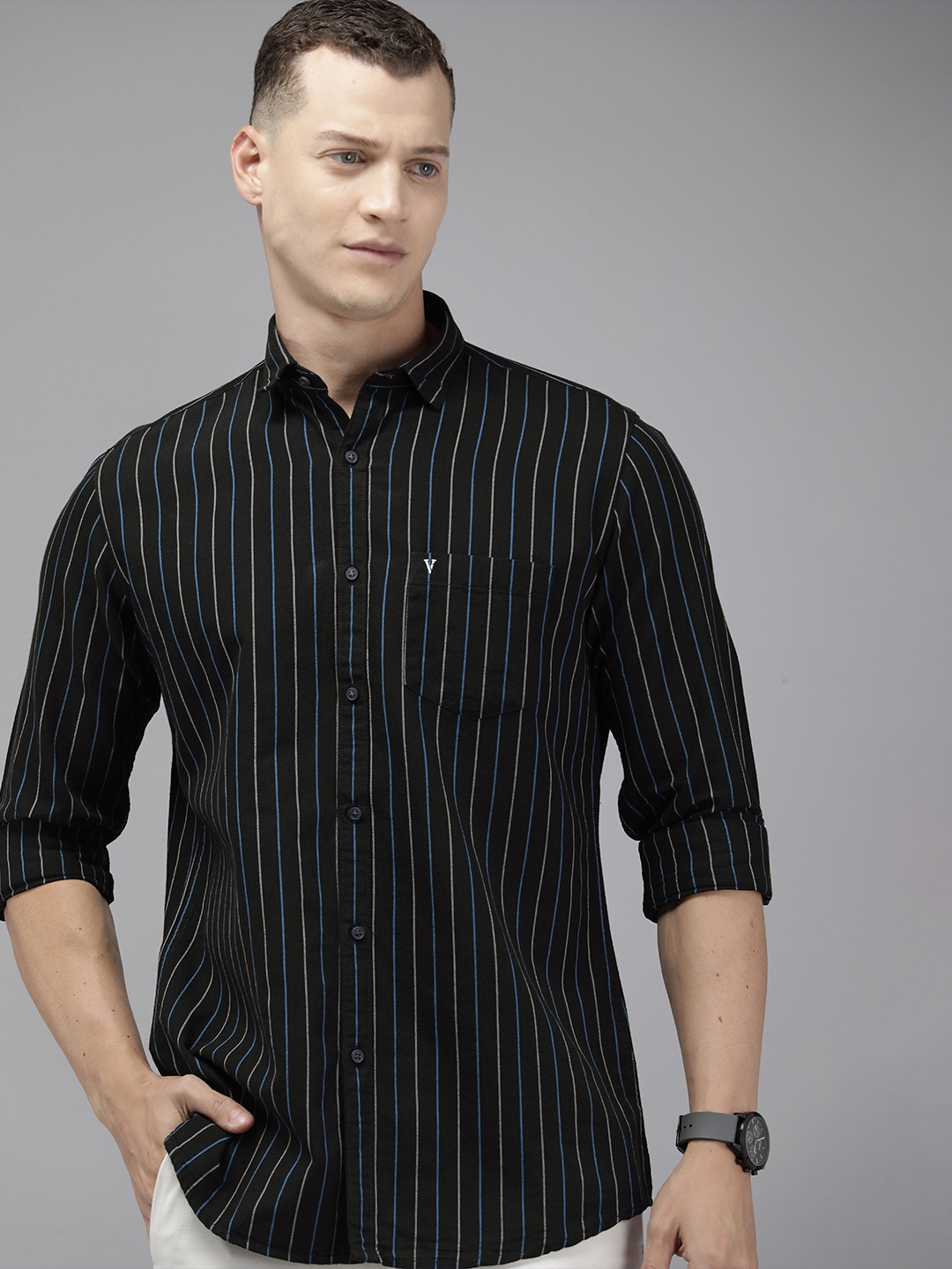 

Van Heusen Sport Slim Fit Vertical Striped Casual Pure Cotton Shirt, Black