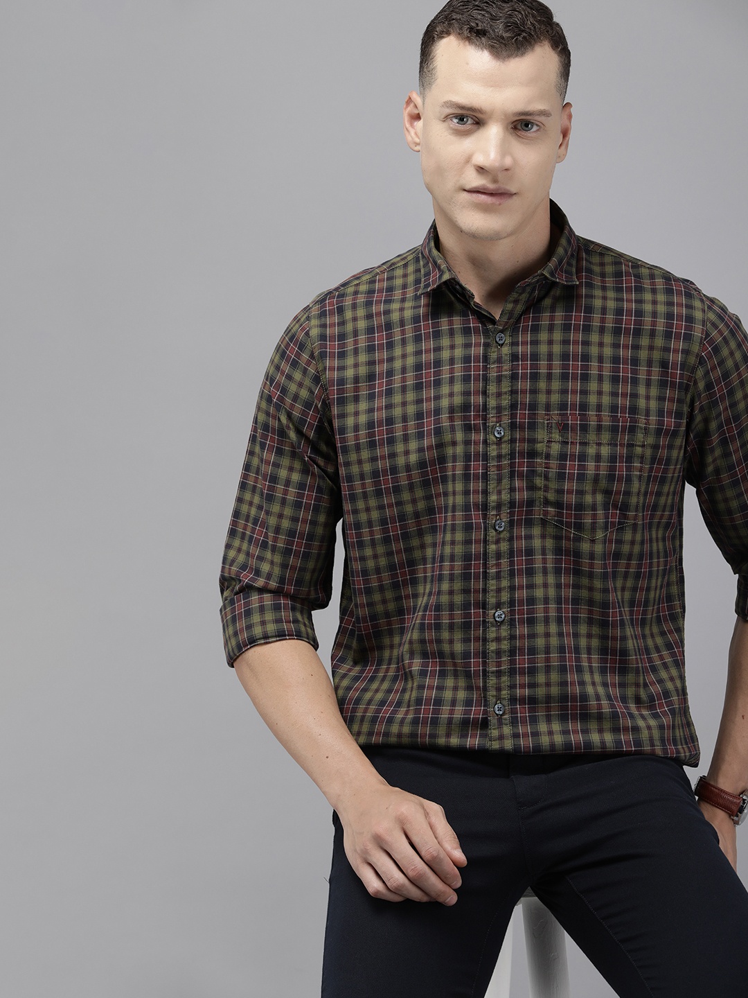 

Van Heusen Sport Slim Fit Checked Casual Pure Cotton Shirt, Olive