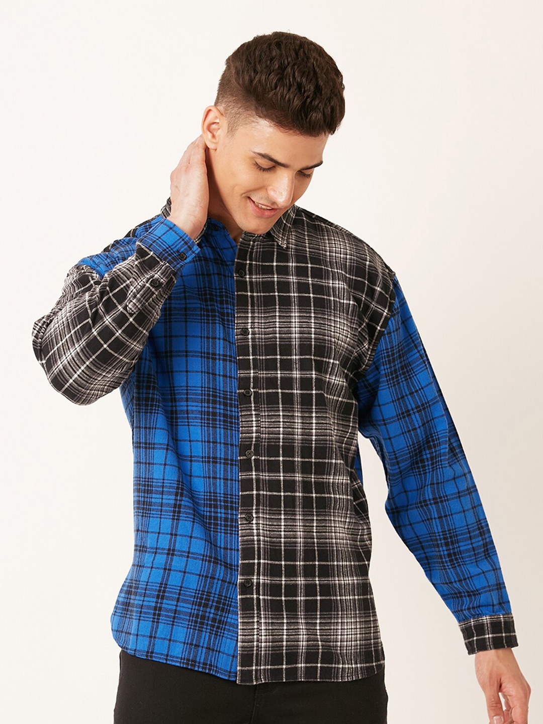 

FOREVER 21 Blue & Black Tartan Checked Pure Cotton Casual Shirt