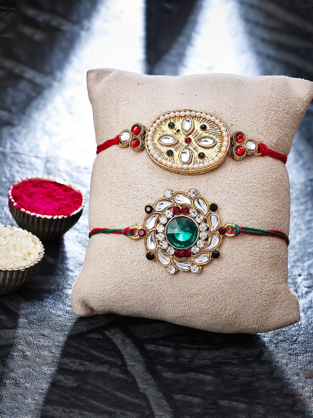 

Sukkhi Rakhi Set Of 2 Gold-Plated Stone Studded Rakhi