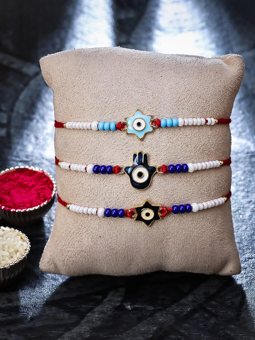 

Sukkhi Rakhi Set Of 3 Gold-Plated Evil Eye Charm Rakhi Set, Blue
