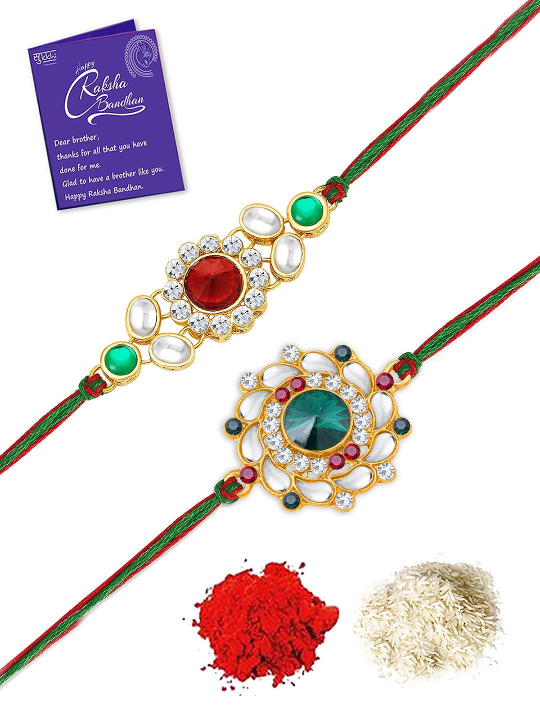 

Sukkhi Rakhi Set Of 2 Gold-Plated Rakhi with Roli Chawal & Greeting Card