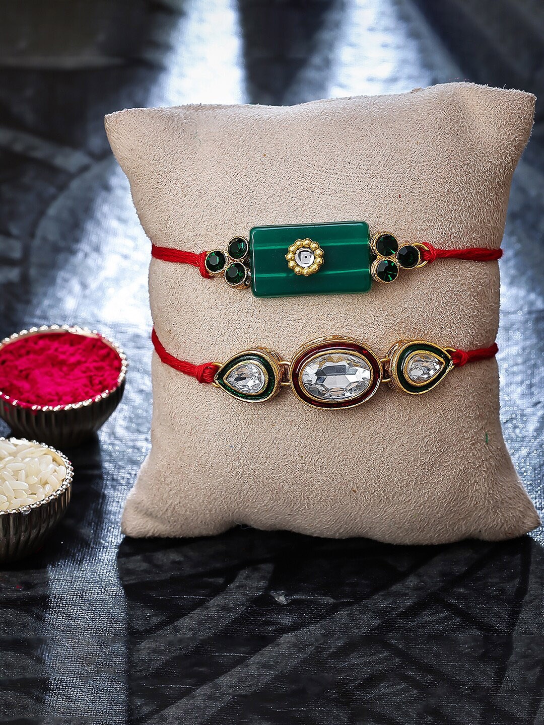 

Sukkhi Rakhi Set Of 2 Gold-Plated Stone-Studded Rakhi Set