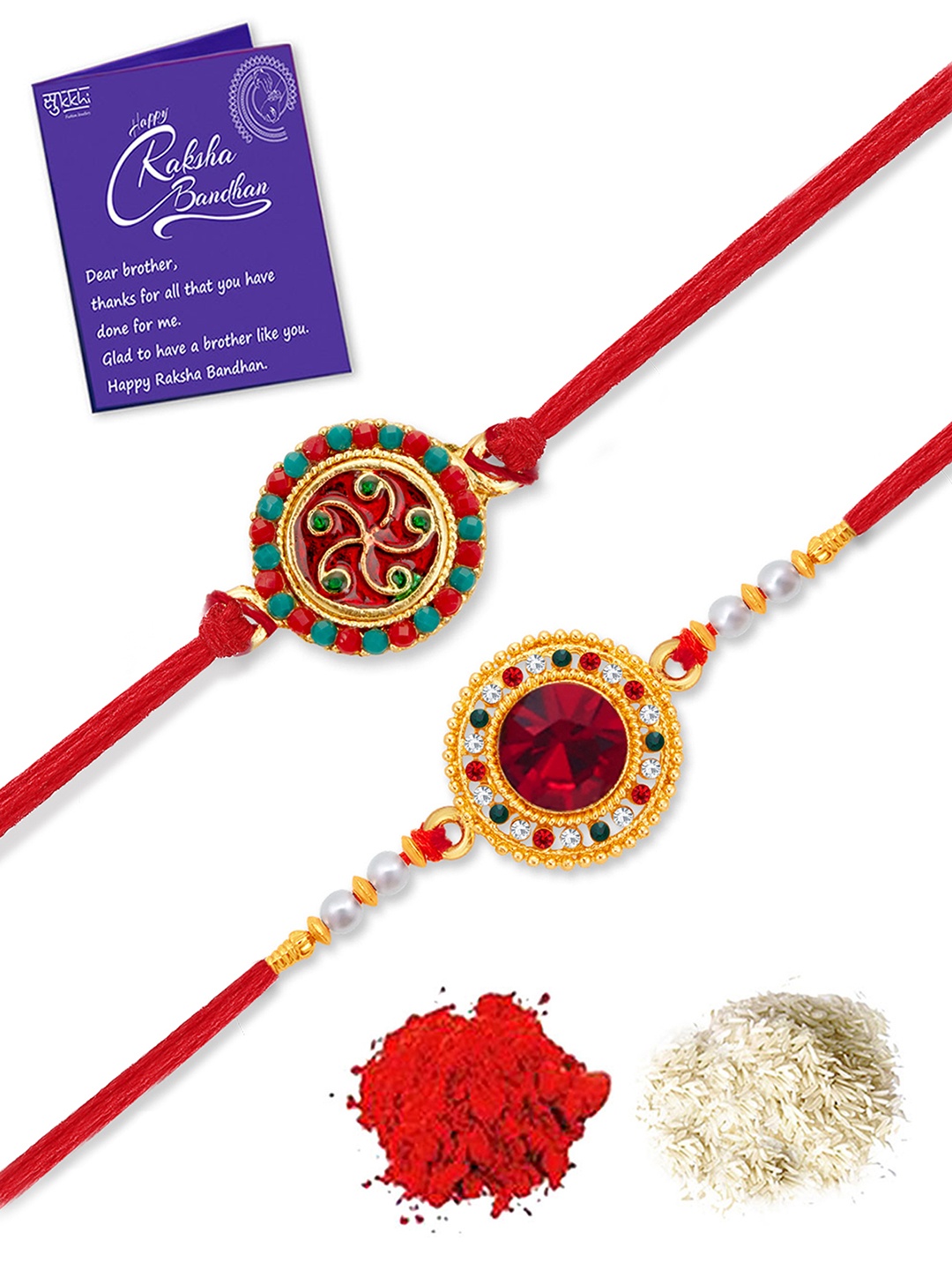 

Sukkhi Rakhi Men Set Of 2 Gold-Plated Stone-Studded Rakhi With Roli, Rice & Greeting Card, Red