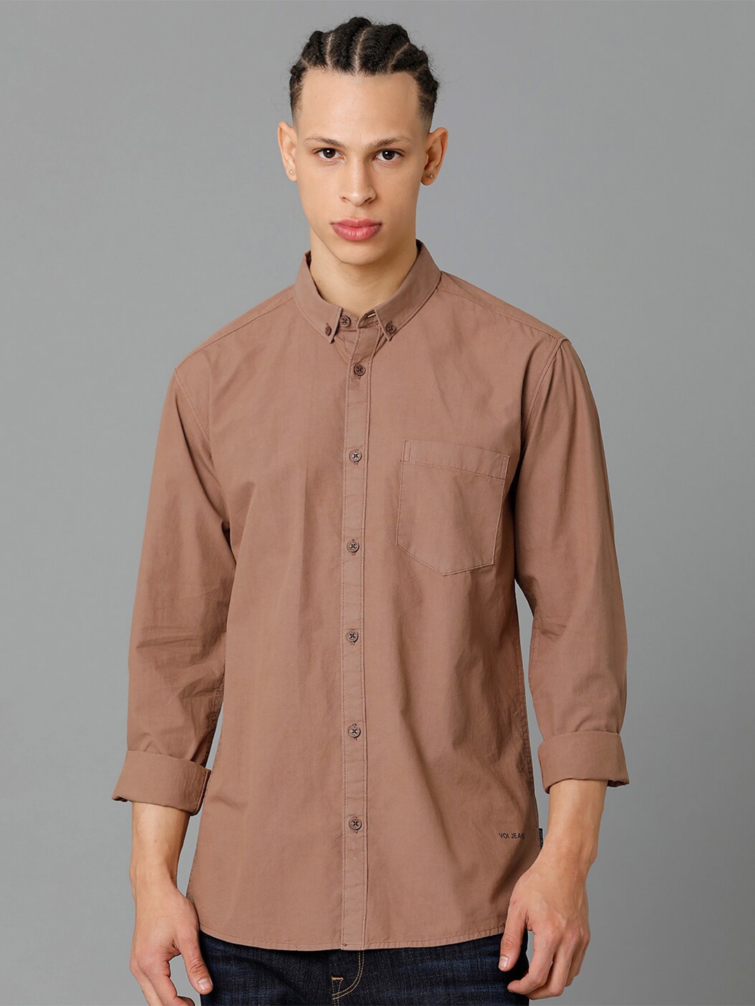 

Voi Jeans Button Down Collar Slim Fit Pure Cotton Casual Shirt, Brown