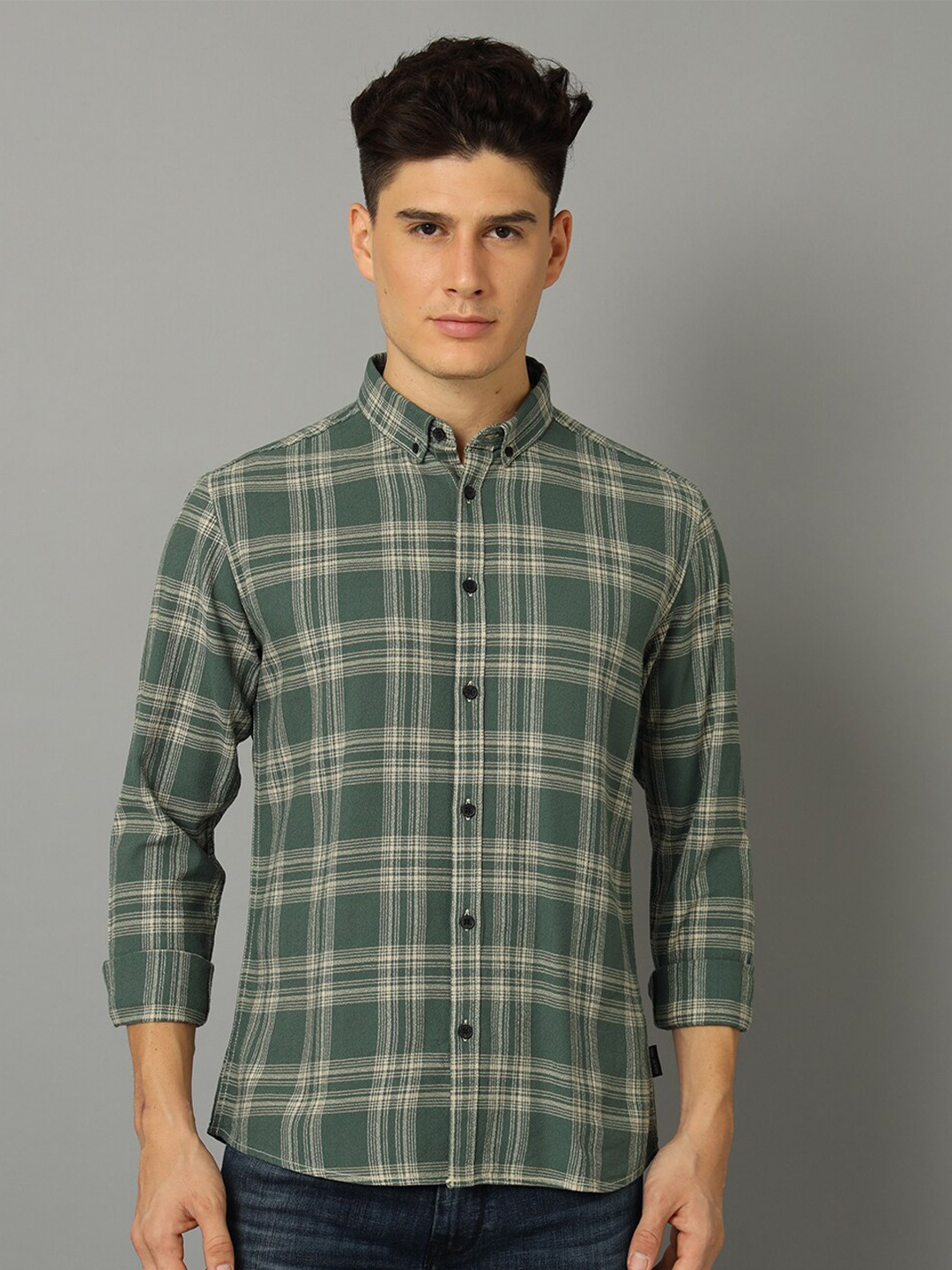 

Voi Jeans Tartan Checks Button Down Collar Slim Fit Cotton Casual Shirt, Green