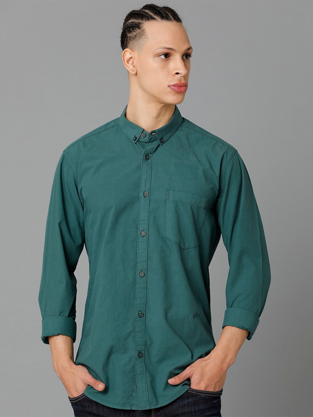 

Voi Jeans Button Down Collar Slim Fit Pure Cotton Casual Shirt, Green