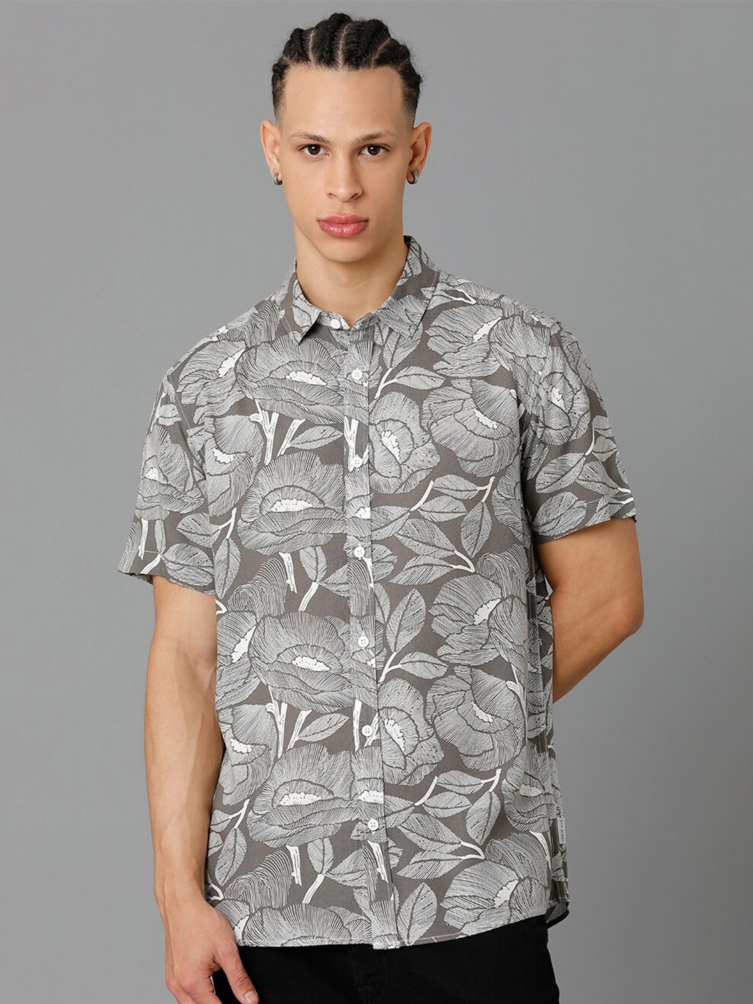 

Voi Jeans Slim Fit Floral Opaque Printed Casual Shirt, Grey