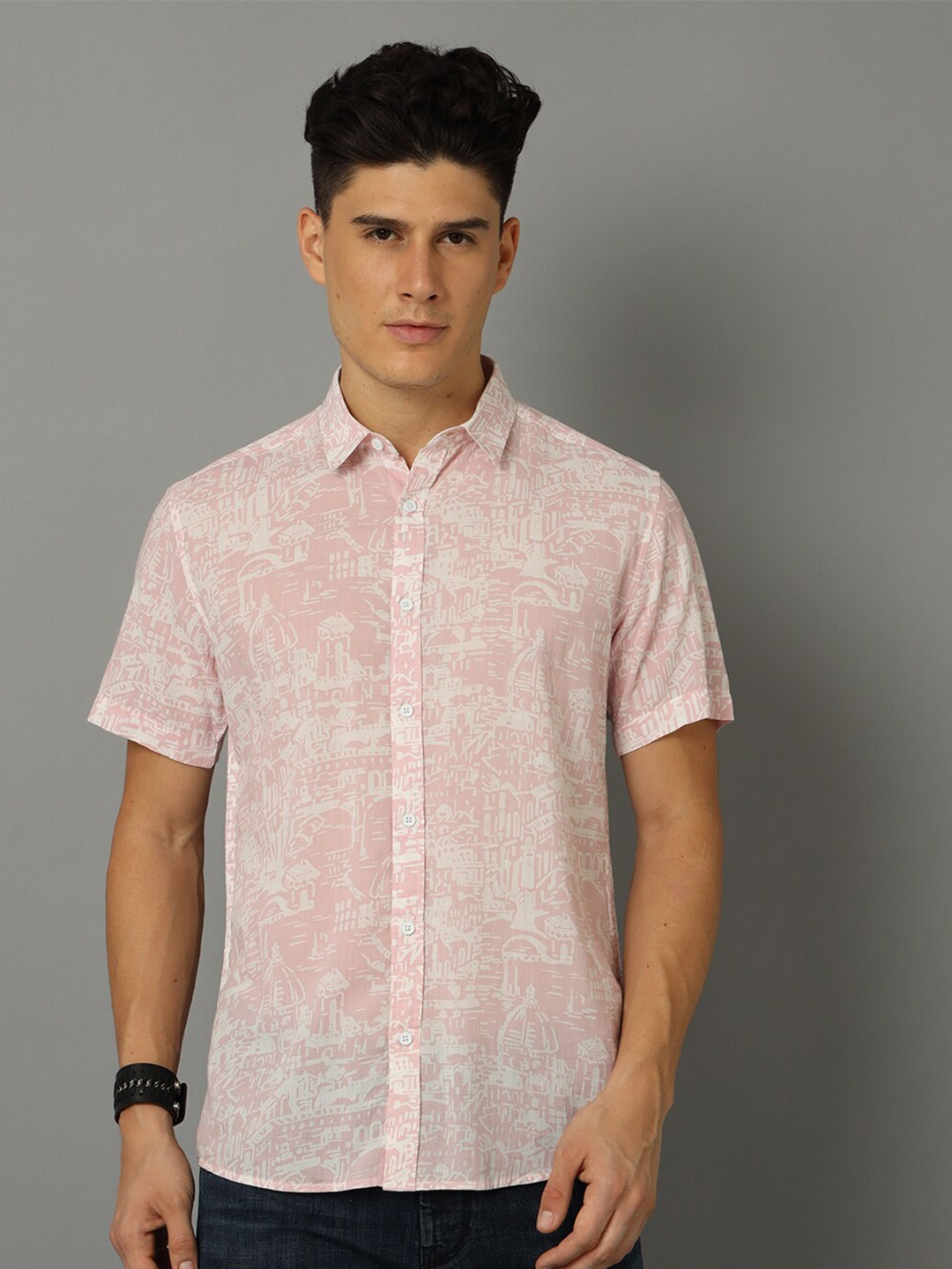 

Voi Jeans Slim Fit Abstract Printed Casual Shirt, Pink