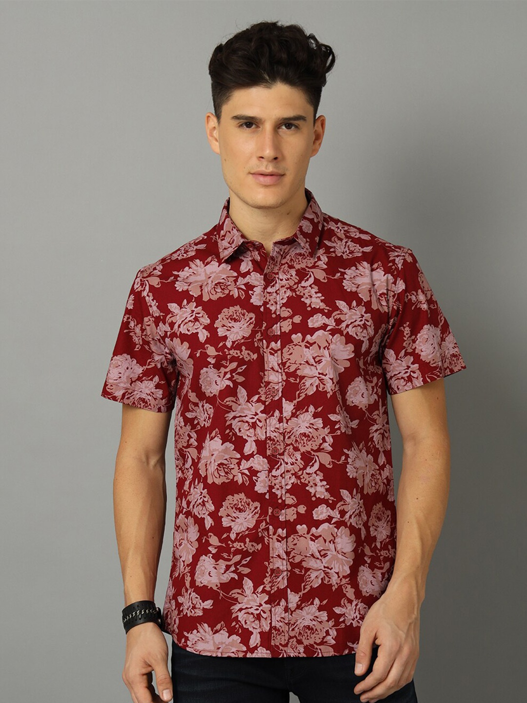 

Voi Jeans Floral Printed Spread Collar Slim Fit Pure Cotton Casual Shirt, Red