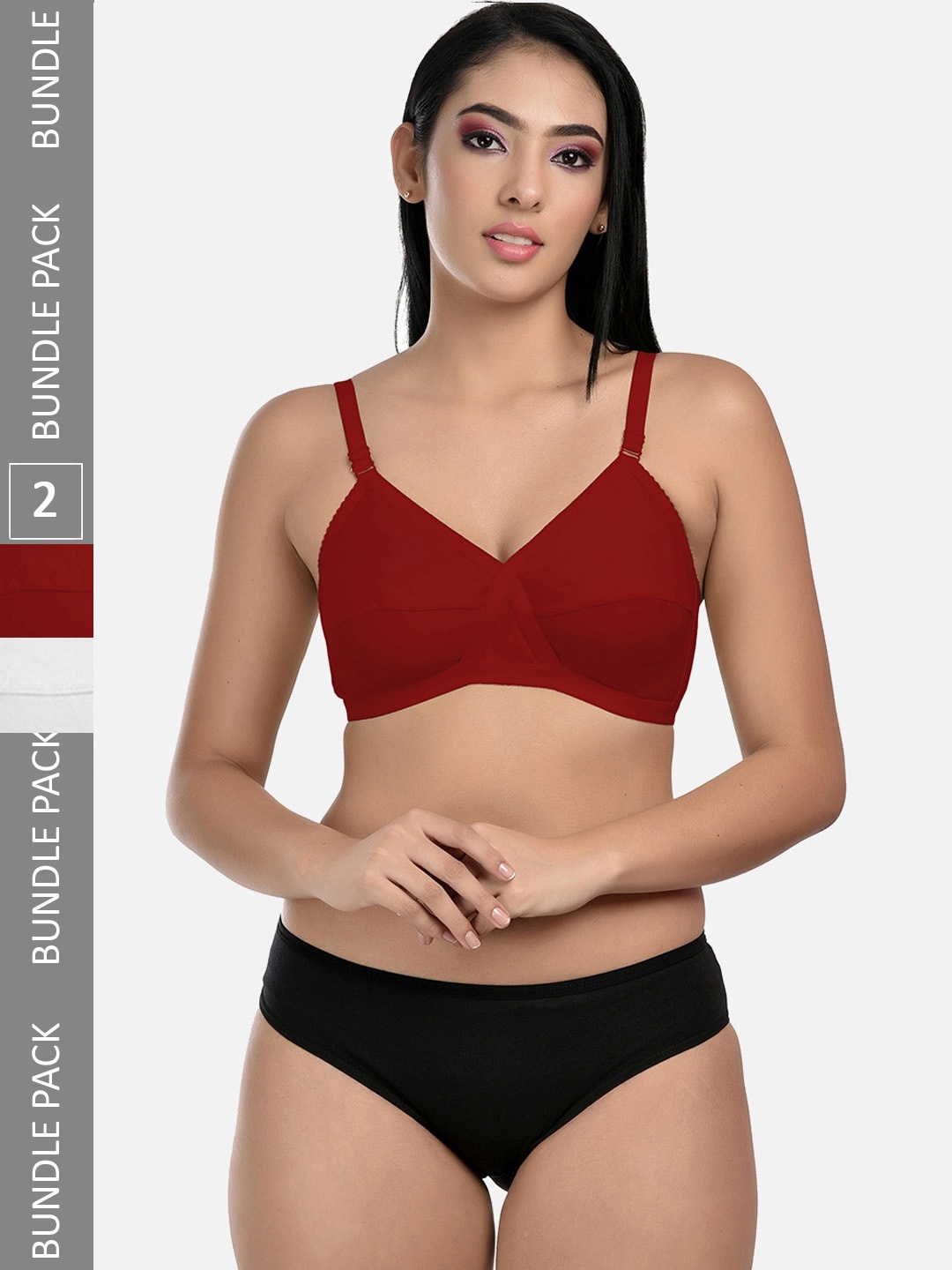

StyFun Pack Of 2 Non-Padded Lingerie Set LS_Cross_Set_WhiteMaroon_B, White