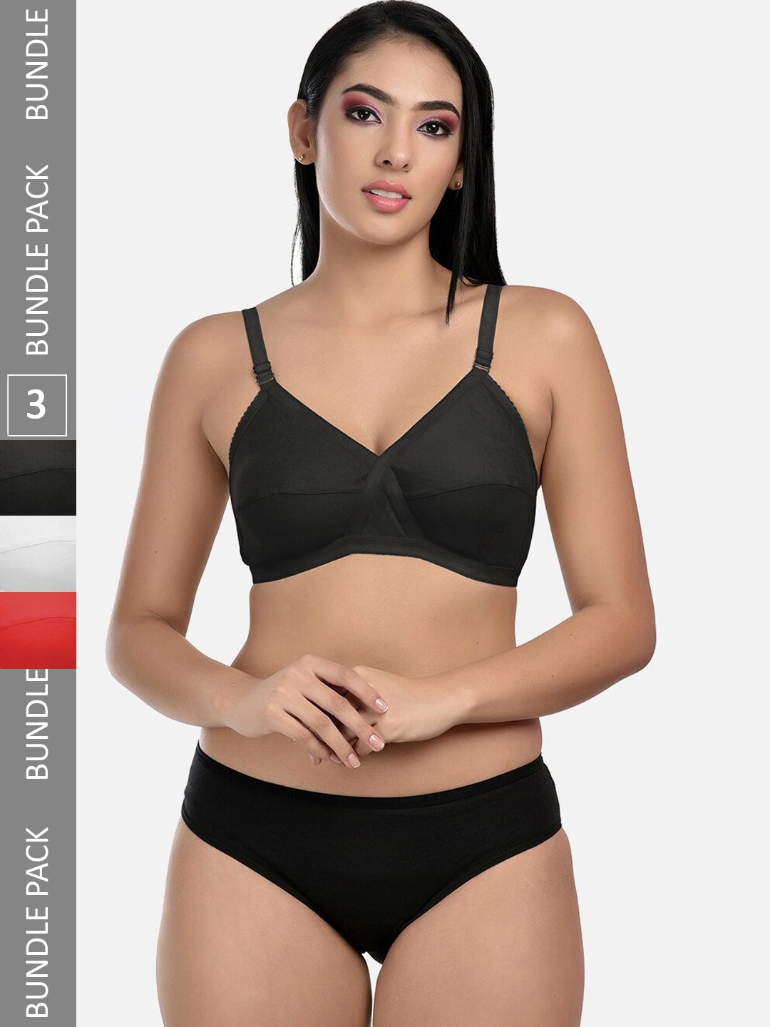 

StyFun Pack Of 3 Non-Padded Lingerie Set LS_Cross_Set_BlackWhiteRed_B, White