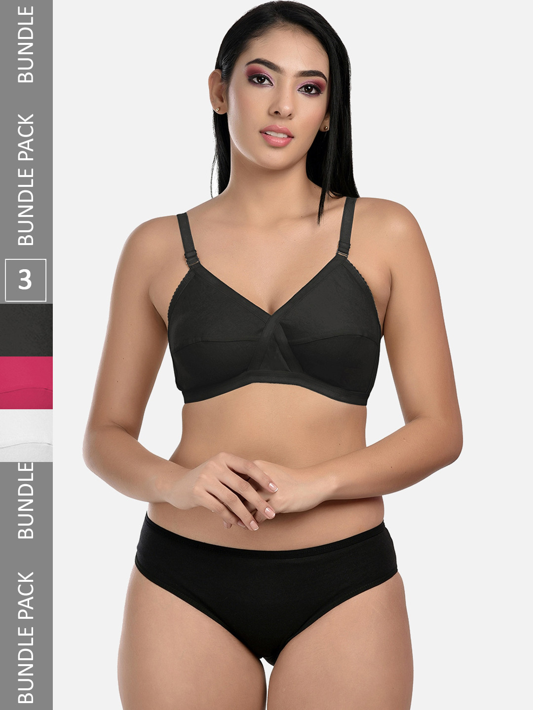 

StyFun Pack Of 3 Full Coverage Non-Padded Lingerie Sets LS_Cross_Set_BlackWhitePink_B, Black
