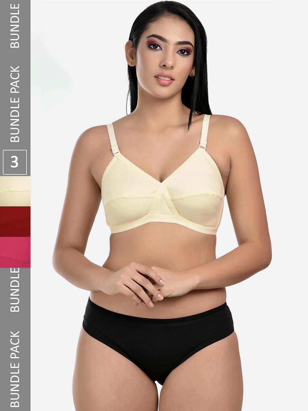 

StyFun Pack Of 3 Non-Padded Lingerie Set LS_Cross_Set_BeigePinkMaroon_B, Pink