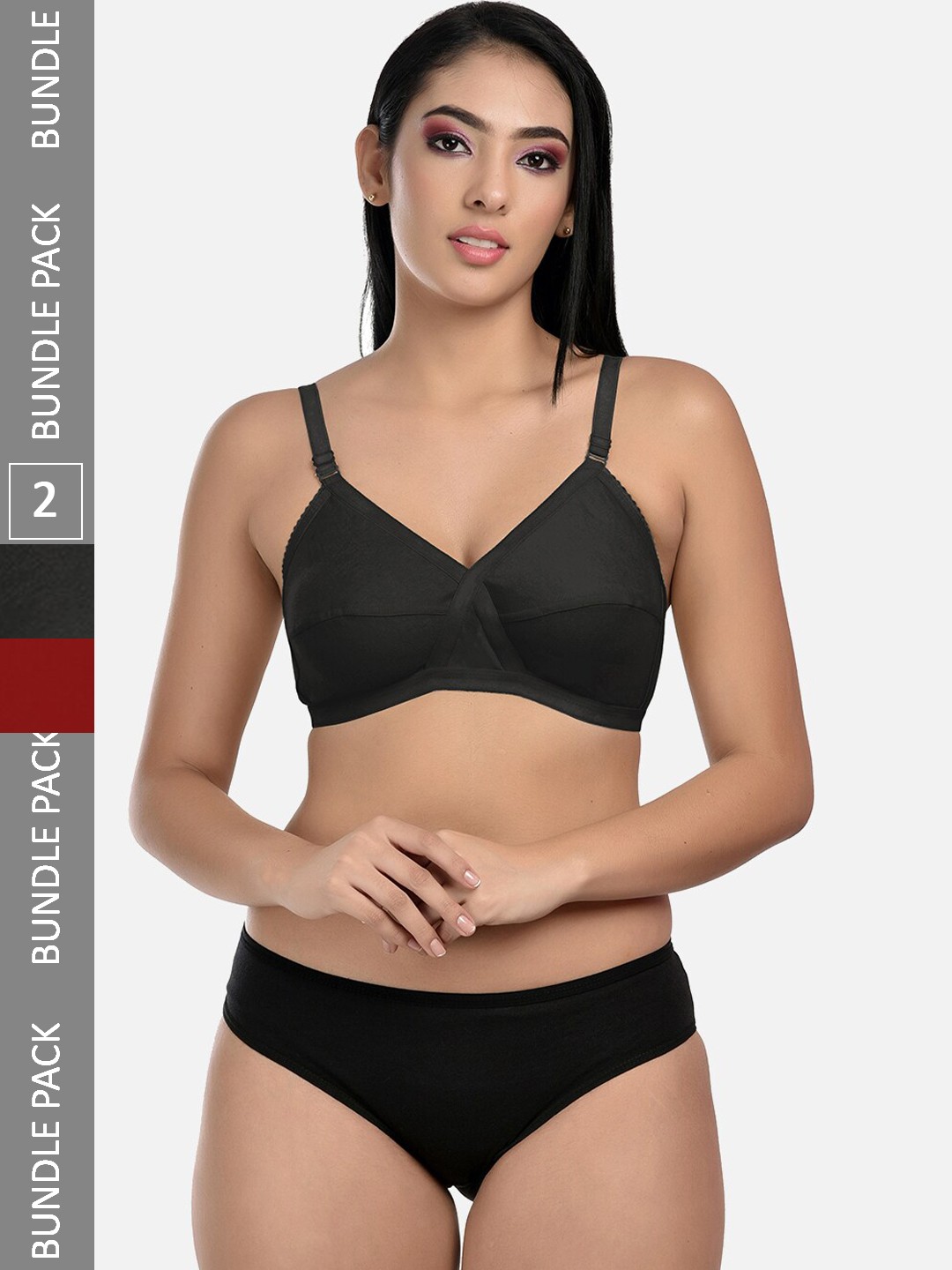 

StyFun Pack of 2 Full Coverage Non-Padded Lingerie Sets LS_Cross_Set_BlackMaroon_B, Black