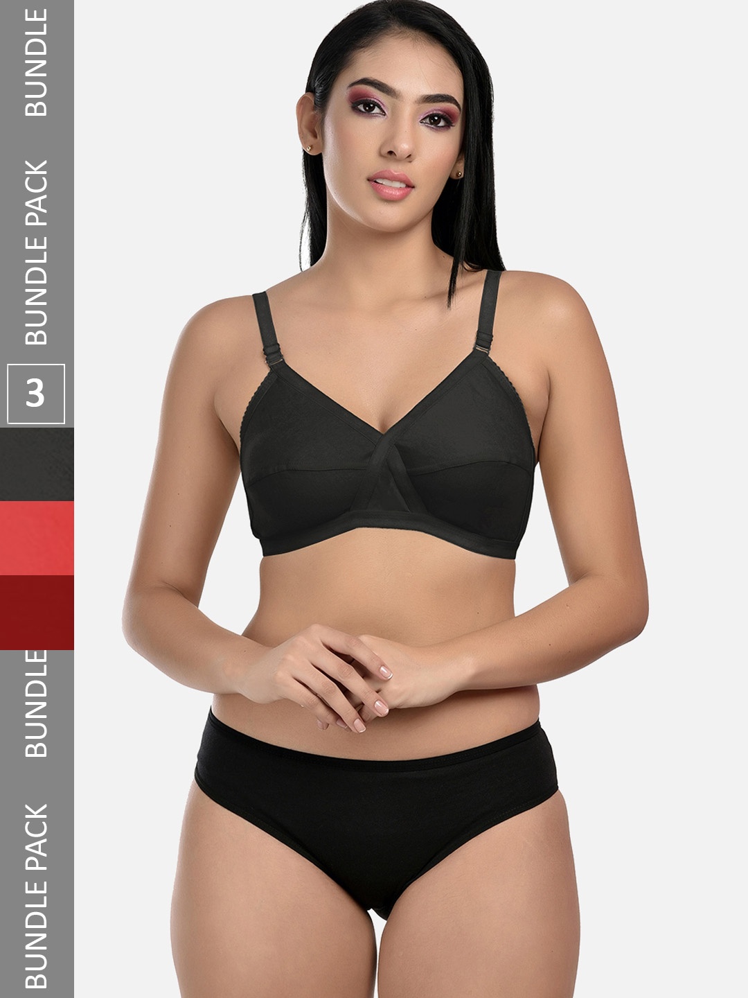 

StyFun Pack Of 3 Lingerie Set LS_Cross_Set_BlackRedMaroon_B, Black