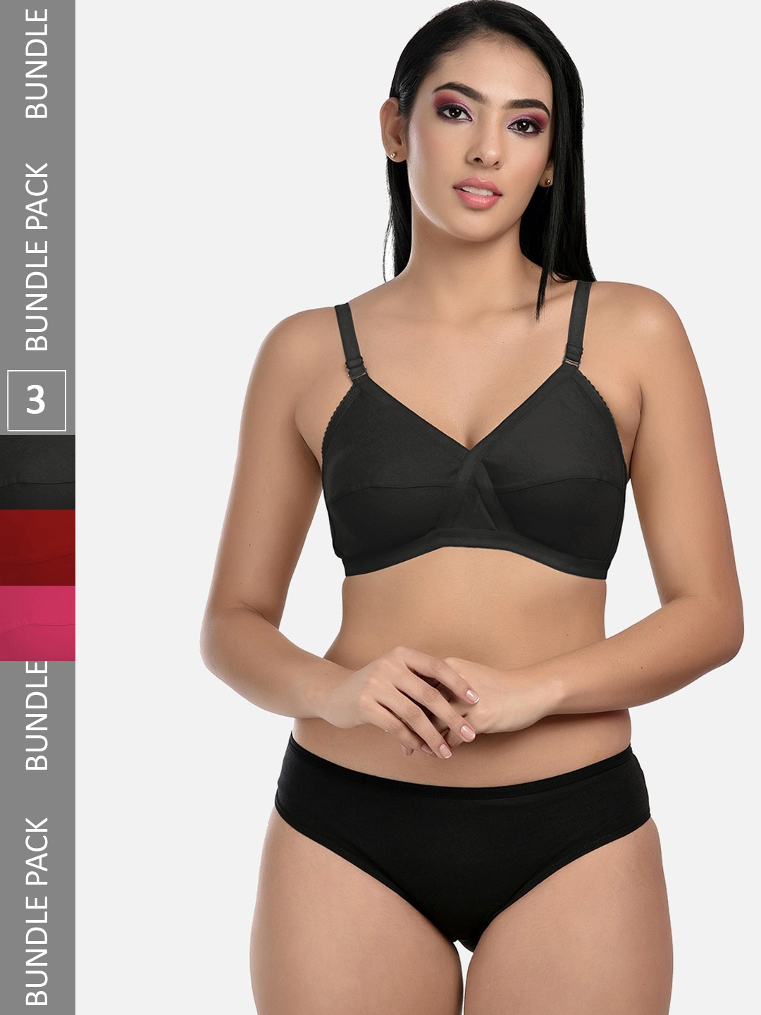 

StyFun Pack of 3 Full Coverage Non-Padded Lingerie Sets LS_Cross_Set_BlackPinkMaroon_B, Black