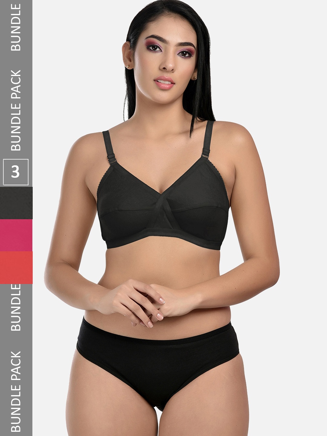 

StyFun Pack Of 3 Lingerie Set LS_Cross_Set_BlackPinkRed_B, Black