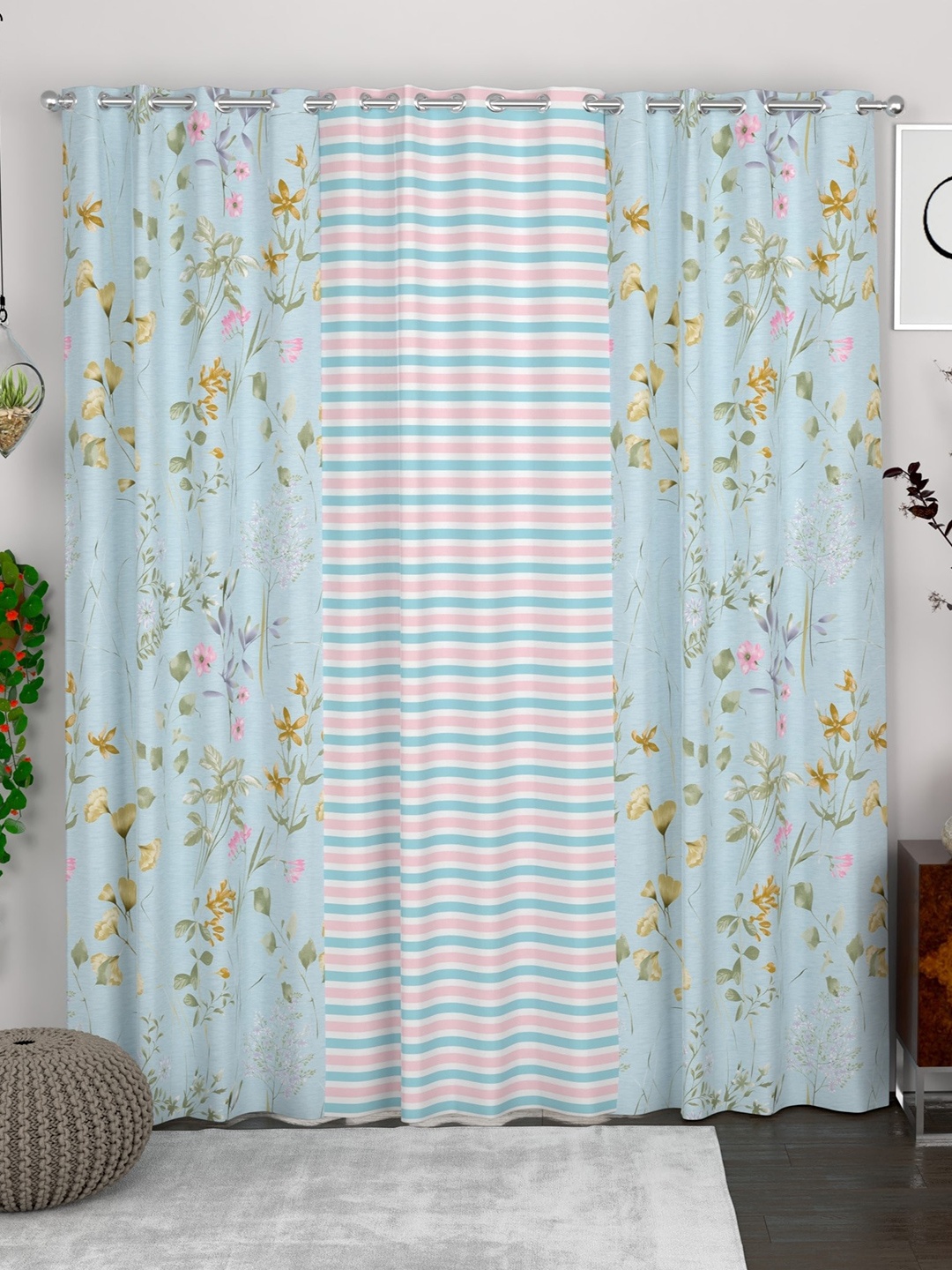 

CHHAVI INDIA Turquoise Blue & White 3 Pieces Floral Sheer Door Curtains