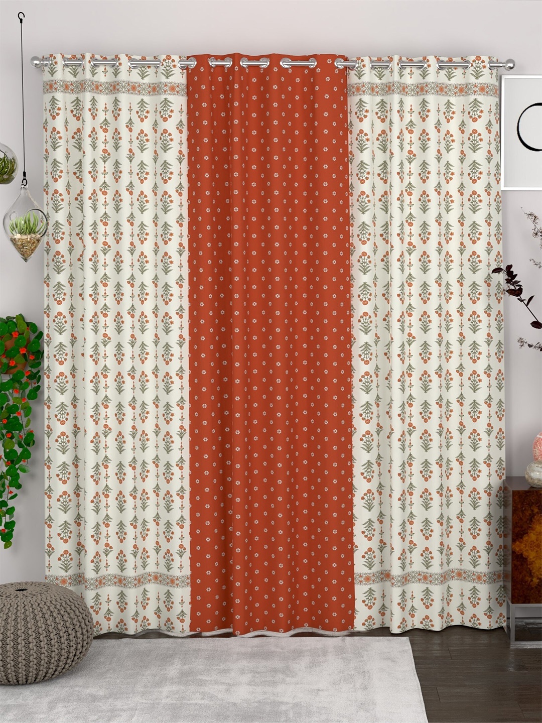 

CHHAVI INDIA Orange & White 3 Pieces Ethnic Motifs Sheer Door Curtains