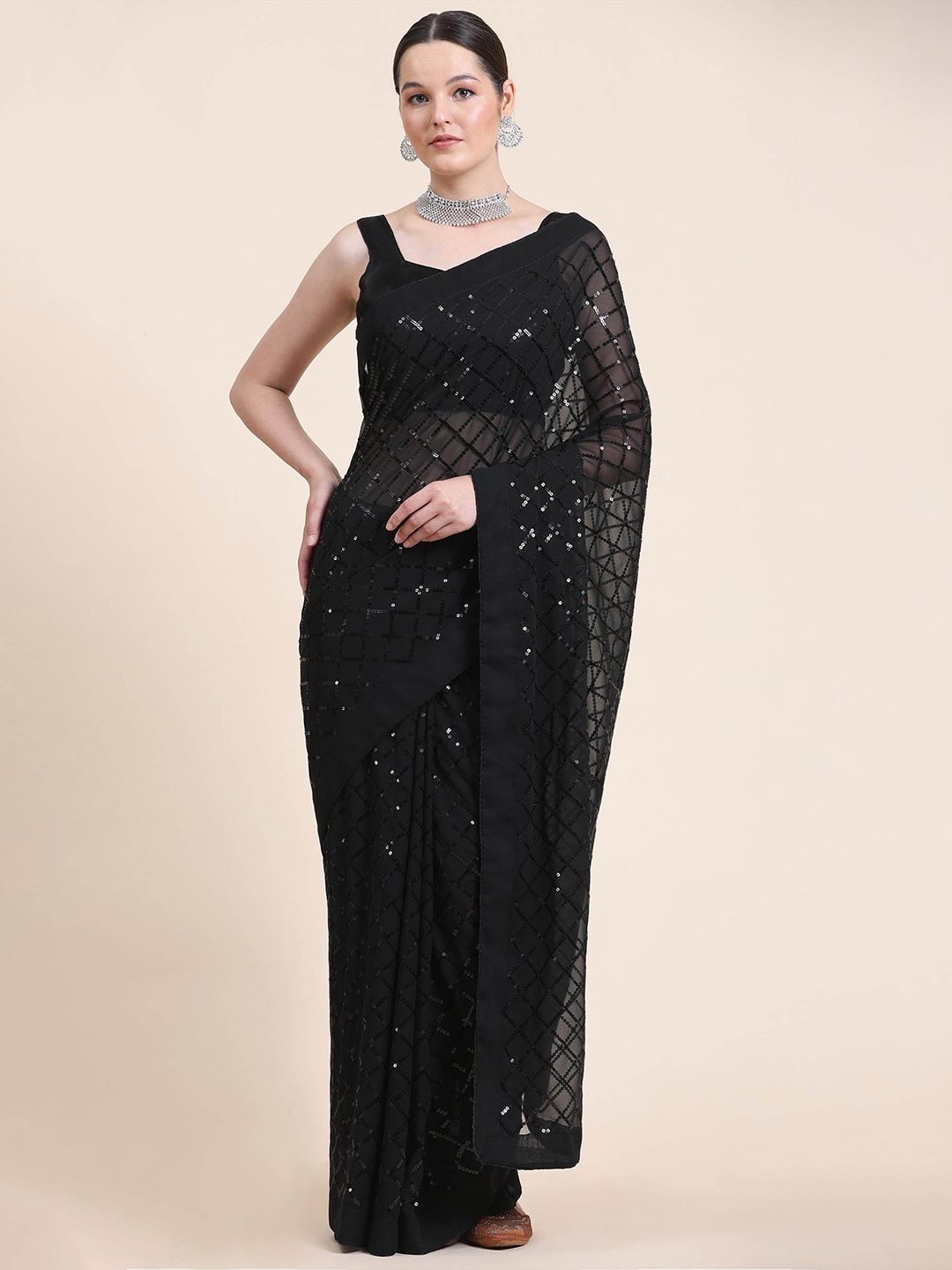 

Mitera Black Checked Sequinned Poly Georgette Saree