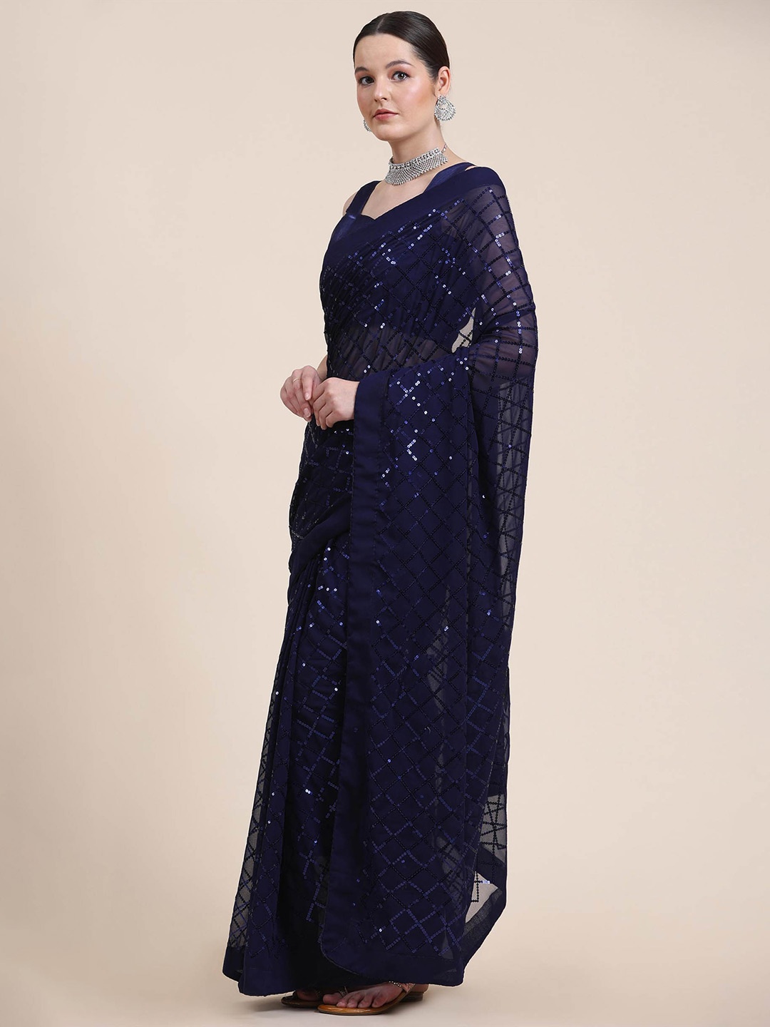 

Mitera Navy Blue Embellished Sequinned Poly Georgette Saree