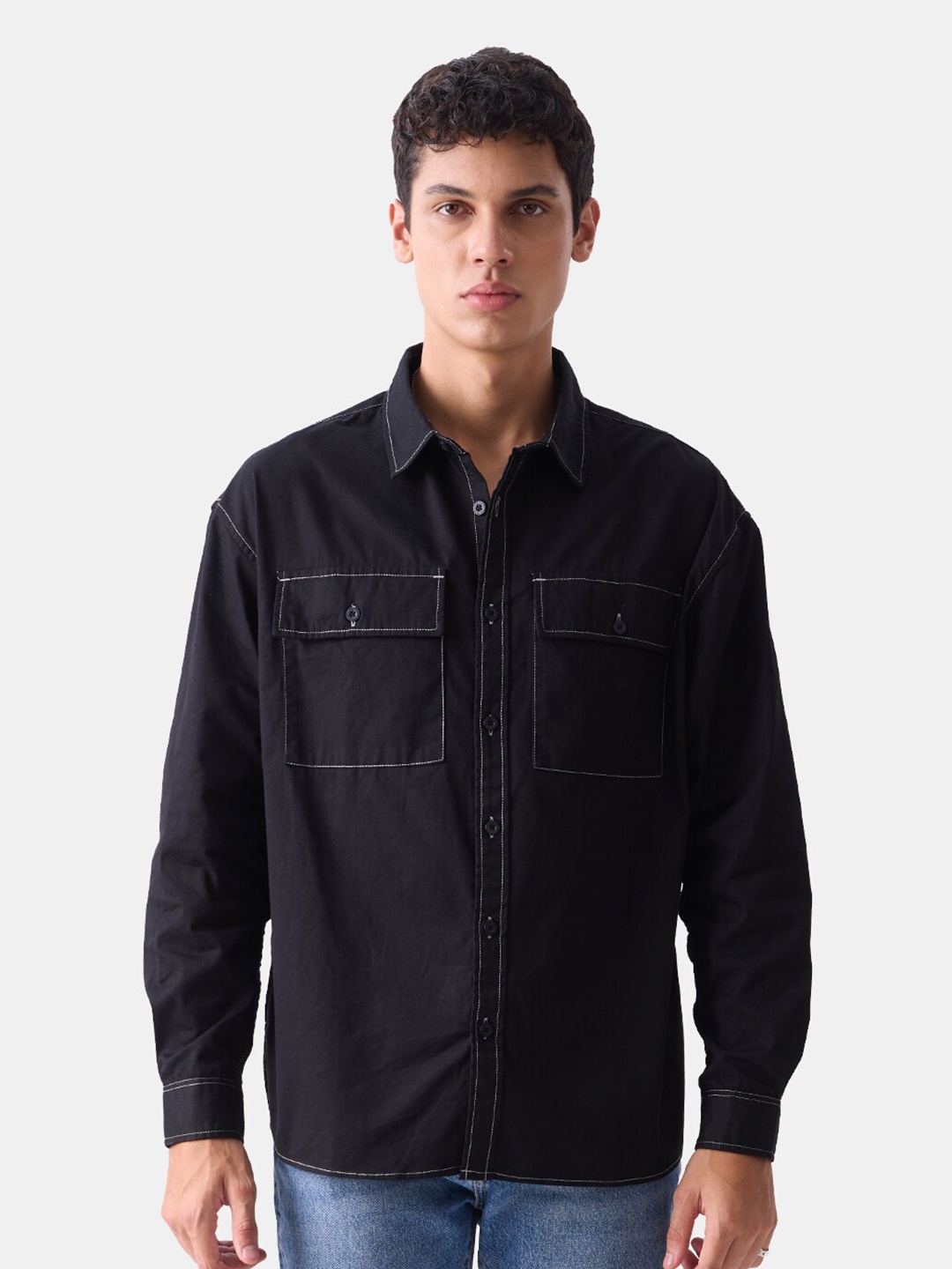 

The Souled Store Black Spread Collar Pure Cotton Casual Shirt