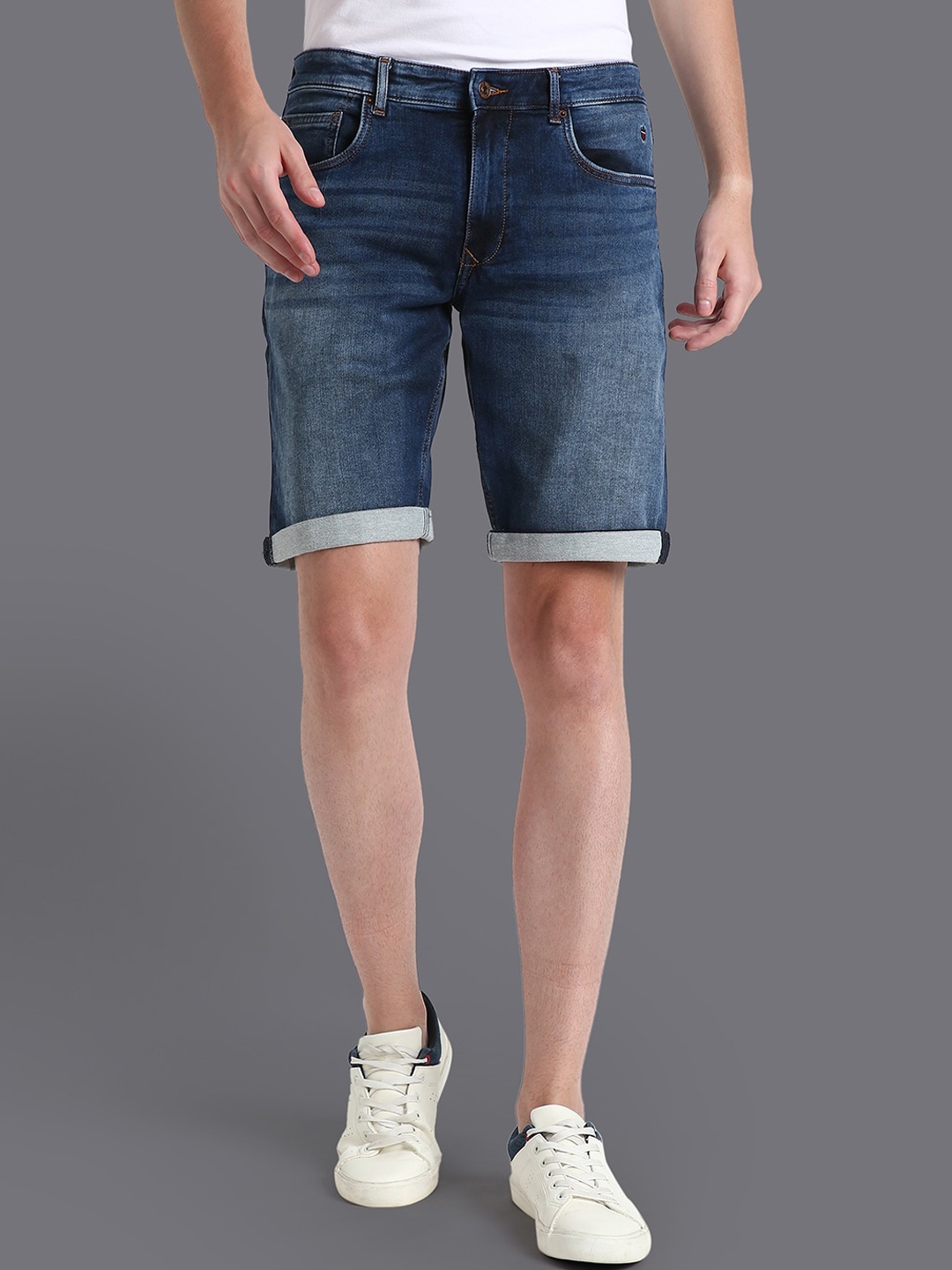 

Louis Philippe Jeans Men Navy Blue Washed Slim Fit Denim Shorts