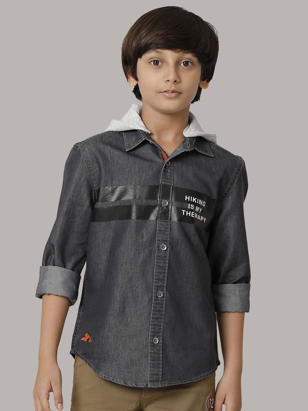 

UNDER FOURTEEN ONLY Boys Opaque Hooded Cotton Casual Shirt, Black