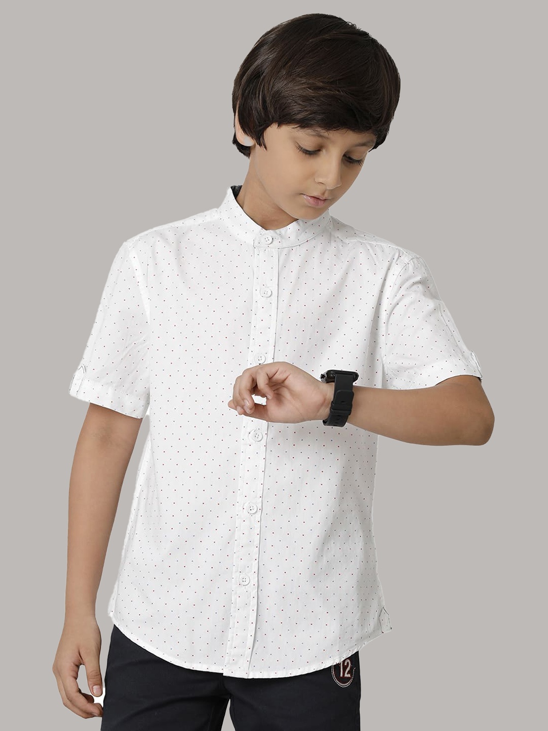 

UNDER FOURTEEN ONLY Boys Band Collar Polka Dots Printed Casual Cotton Shirt, White